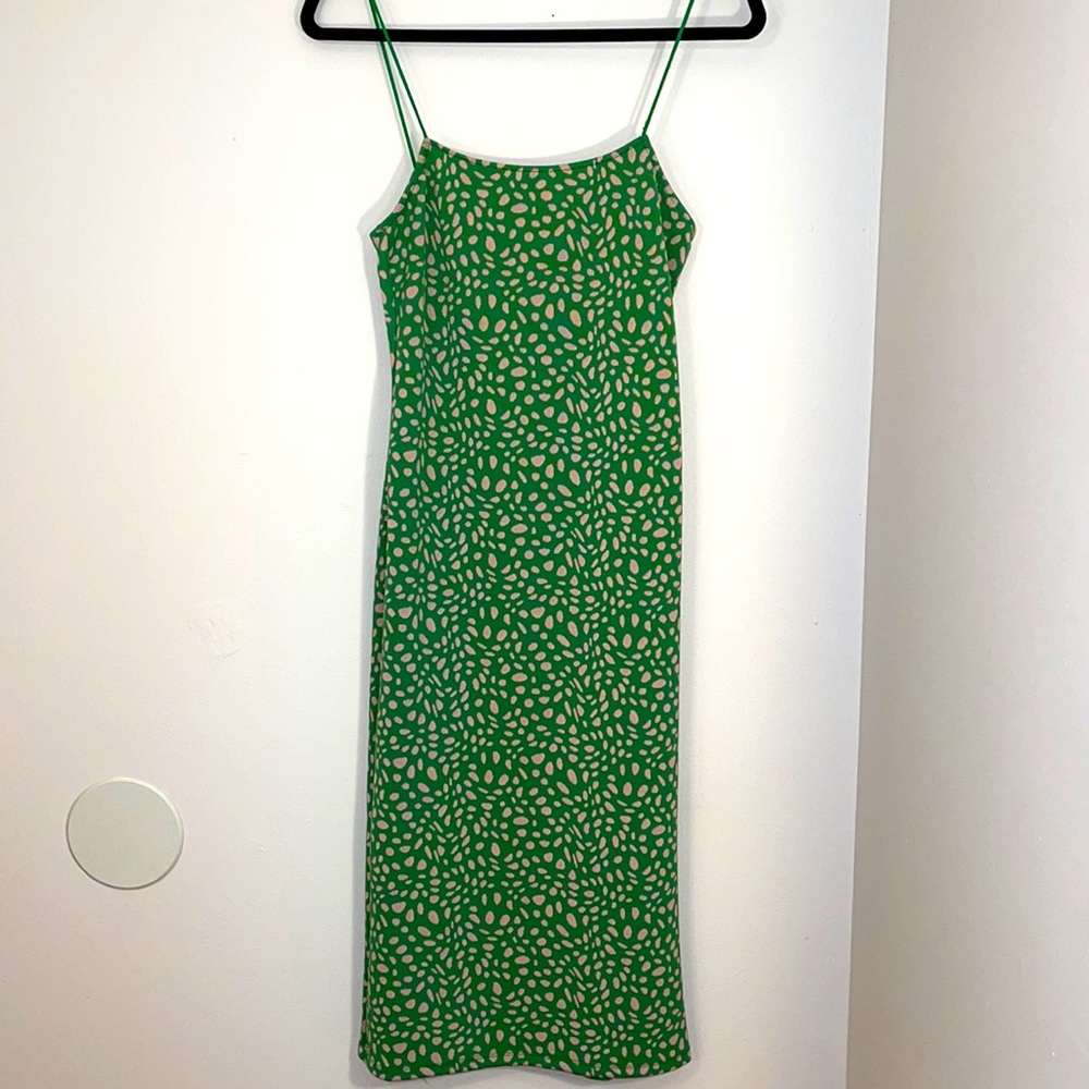 NWT Zara Midi Strap Dress Size L Color Green Print